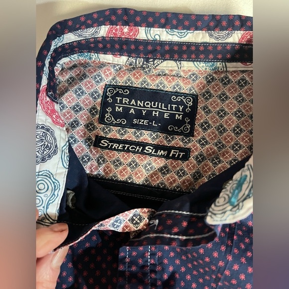 TRANQUILITY MAYHEM Men’s navy and pink print long sleeve shirt‎ size L. - Picture 10 of 14